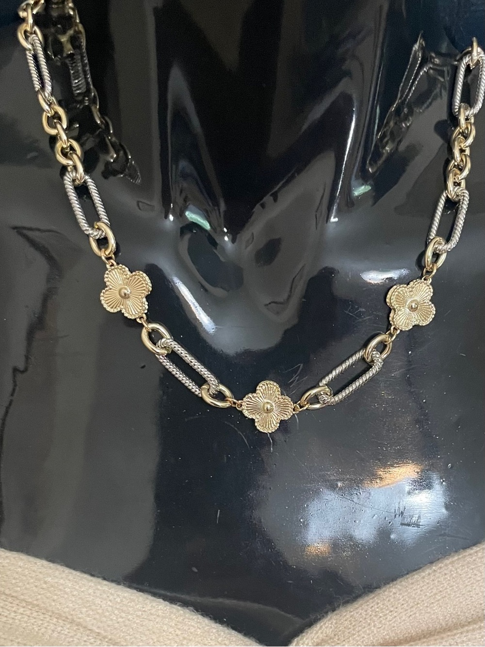 Two Tone Clover Paper Clip Chunky Gold Filled Statement Necklace NWOT